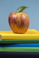 Apple fruit on top of a book stack, on the back of school classes. photo