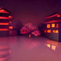 Fantasy night city Japanese landscape, neon light, photo