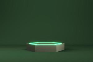 Abstract minimal background. Dark green hexagonal pedestal with neon light for product display photo