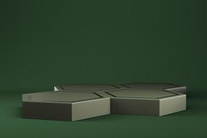 Abstract minimal background. Dark green hexagonal pedestal with geometrical shape for product display photo