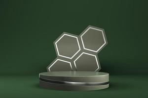 Abstract minimal background. Dark green cylindrical pedestal with hexagonal shape for product display photo