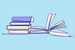 Simple colored continuous line drawing of a stack of book. Education concept design vector illustration isolated on blue background