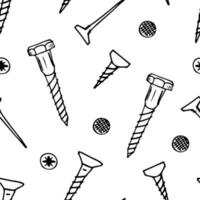 Hand-drawn simple vector doodle seamless pattern. Nails fastening a black outline on a white background. For print packaging, hardware store, fasteners.