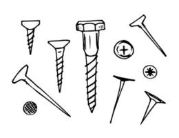 Hand drawn simple doodle vector set, black outline drawing. Fixing tools, nails, screws. Construction, repair.