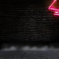 Background of an empty corridor with brick walls and neon light. Brick walls, neon rays and glow photo