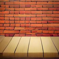 Empty top of natural wooden table and retro white brick wall background. For product display photo