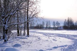 Winter landscape - white snow with traces of shoes and skis on the field. The ski track and road skirting the forest with bare trees, soft sunlight. photo