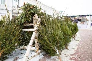 mercado navideño con árboles de navidad vivos en la calle de la ciudad. Se venden humor de año nuevo, nieve, abetos cortados y coníferas, aroma de resina y agujas de pino. navidad, año nuevo. foto