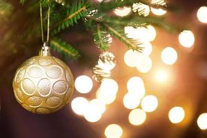 Golden Christmas ball on a live branch of a fir tree with Golden lights of garlands in defocus. New year, Christmas, holiday background, bokeh, copy space photo