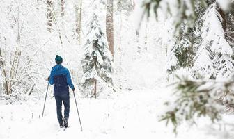 esquiador en rompevientos y sombrero con pompón con bastones de esquí en las manos con la espalda contra el fondo de un bosque nevado. esquí de fondo en el bosque de invierno, deportes al aire libre, estilo de vida saludable. foto