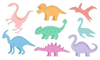 Dinosaurs set, ankylosaurus, brachiosaurus, diplodocus, pterodactyl etc. Illustration for printing, backgrounds, covers and packaging. Isolated on white background. vector