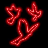 Red neon silhouettes of three birds flying in the sky on black. Freedom, flight, upward movement vector