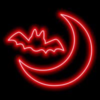 Neon red outline of a bat and moon on a black background. Halloween. vector