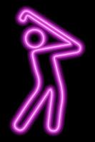 The neon pink outline of a man who plays golf and swings a club to hit the ball. On a black background. vector