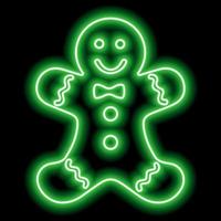 Green neon outline of a gingerbread man on a black background. Christmas element vector