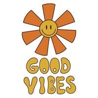 Sun smiley face with lettering GOOD VIBES. 1970s style. Vector illustration