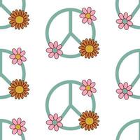 Groovy trippy seamless pattern with peace symbol and daisy. Vector illustration