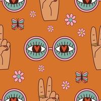 Groovy trippy seamless pattern with sunglasses and peace. 1970 style. Vector illustration