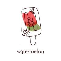 Sketch of fruit ice cream with watermelon flavor. The outline is drawn by hand. Ice cream is suitable for infographics and applications, postcards, greetings, labels vector