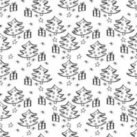 Vector Christmas seamless pattern with hand drawn doodles elements. Black and white illustration.