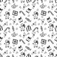 Vector Christmas seamless pattern with hand drawn doodles elements. Black and white illustration.