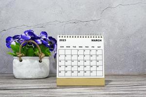 March 2023 desk calendar on wooden desk with potted plant. photo