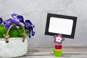 Paper frame with potted plant on wooden background. Copy space. photo