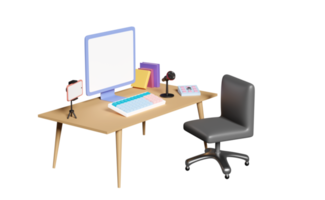 3d computer on table with blank screen, smartphone, microphone, office chair in room. online video live streaming, communication applications, notification message, 3d render illustration png