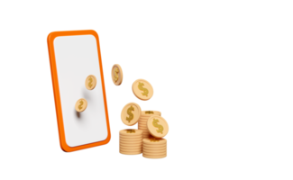 Téléphone mobile orange 3d, icône de smartphone avec pile de pièces de monnaie dollar argent isolée. achats en ligne, services bancaires par Internet, modèle de téléphone à écran, maquette de téléphone portable, illustration de rendu 3d png