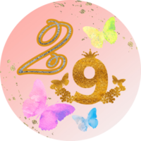 29 Number, 29 th birthday, advent calendar, Christmas, wedding template. watercolour butterflies, flowers, golden texture. png