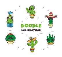 Lindo cactus mexicano con bigote y sombrero. estilo garabato, colores brillantes vector