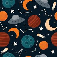 cartoon galaxy pattern with planets, constellations, comet, ufo and moon vector