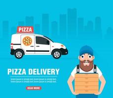 Delivery concept design flat. Pizza delivery with deliveryman vector