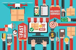 Fast delivery package by delivery drone. Online delivery service. Internet e-commerce. Shopping online on computer or website. Concept flat design vector