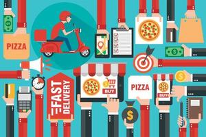 Fast delivery package by scooter. Online delivery service. Internet e-commerce. Online shopping pizza on laptop, smartphone or website. Concept flat design vector