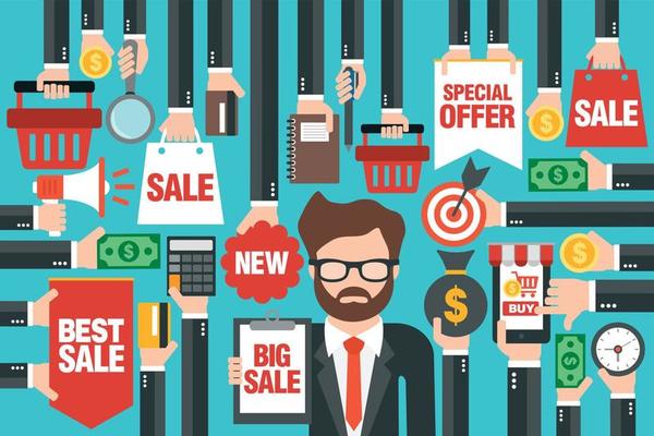 Concept design sale flat with seller. Smartphone online shopping