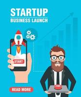Startup business launch concept design flat with businessman holding start button vector