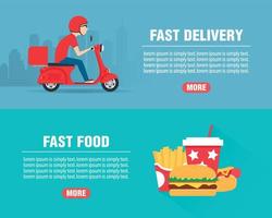 Fast food delivery concept design flat banners set. Delivery man ride scooter motorcycle. Fast food icon vector