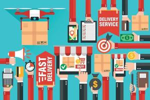 Fast delivery package by delivery drone . Online delivery service. Internet e-commerce. Shopping online on laptop, smartphone or website. Concept flat design vector