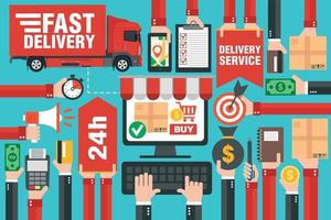 Fast delivery package by delivery truck . Online delivery service. Internet e-commerce. Shopping online on computer or website. Concept flat design vector