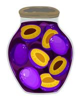 Plum jam in glass jar with whole fruits and halfs. vector