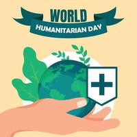 illustration vector graphic of hands holding the earth, showing green plants and the red cross symbol, perfect for world humanitarian day, nature, celebrate, greeting card, etc.