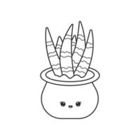 Cute kawaii house plant in pot isolated on white background. Potted plant in black linear drawing style. Vector illustration