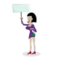 A young female protester holds up a blank poster with space for text, isolated on a white background. Woman activist. Vector illustration in cartoon style.