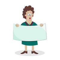 A protesting woman holding a blank poster with space for text, isolated on a white background. Woman activist. Cartoon style vector illustration.