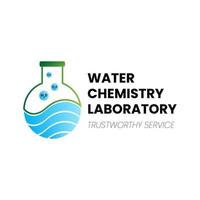 el logotipo del laboratorio de química del agua con el símbolo de erlenmeyer, la silueta del agua y la molécula de h2o es adecuada para los logotipos del laboratorio de salud ambiental vector