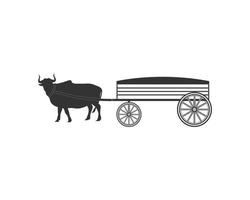 Amazing asian rural black cow pulling wooden cart. traditional agricultural transportation design concept. Vector illustration isolated object on background