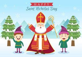 Saint Nicholas Day or Sinterklaas Celebration Template Hand Drawn Cartoon Flat Illustration with Gift Box and Winter Background Design vector