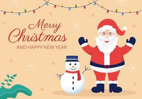 Merry Christmas and Happy New Year Template Hand Drawn Cartoon Flat Background Illustration with with People Celebrating, Snowman and Winter Landscape vector