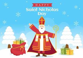 Saint Nicholas Day or Sinterklaas Celebration Template Hand Drawn Cartoon Flat Illustration with Gift Box and Winter Background Design vector